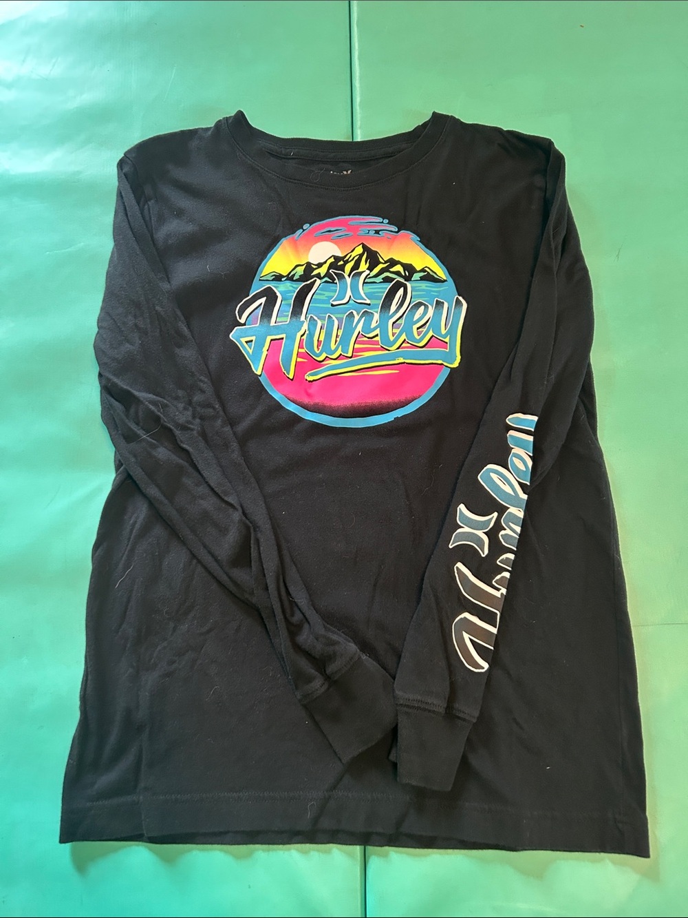Hurley Black Long Sleeve Tee with Rainbow Surf Logo